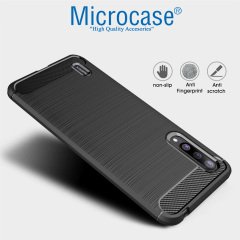 Microcase Xiaomi Mi CC9e Brushed Carbon Fiber Silikon Kılıf + Tempered Glass Cam Koruma