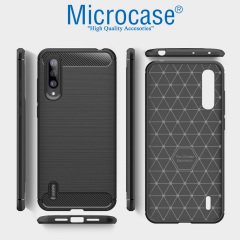 Microcase Xiaomi Mi CC9e Brushed Carbon Fiber Silikon Kılıf + Tempered Glass Cam Koruma