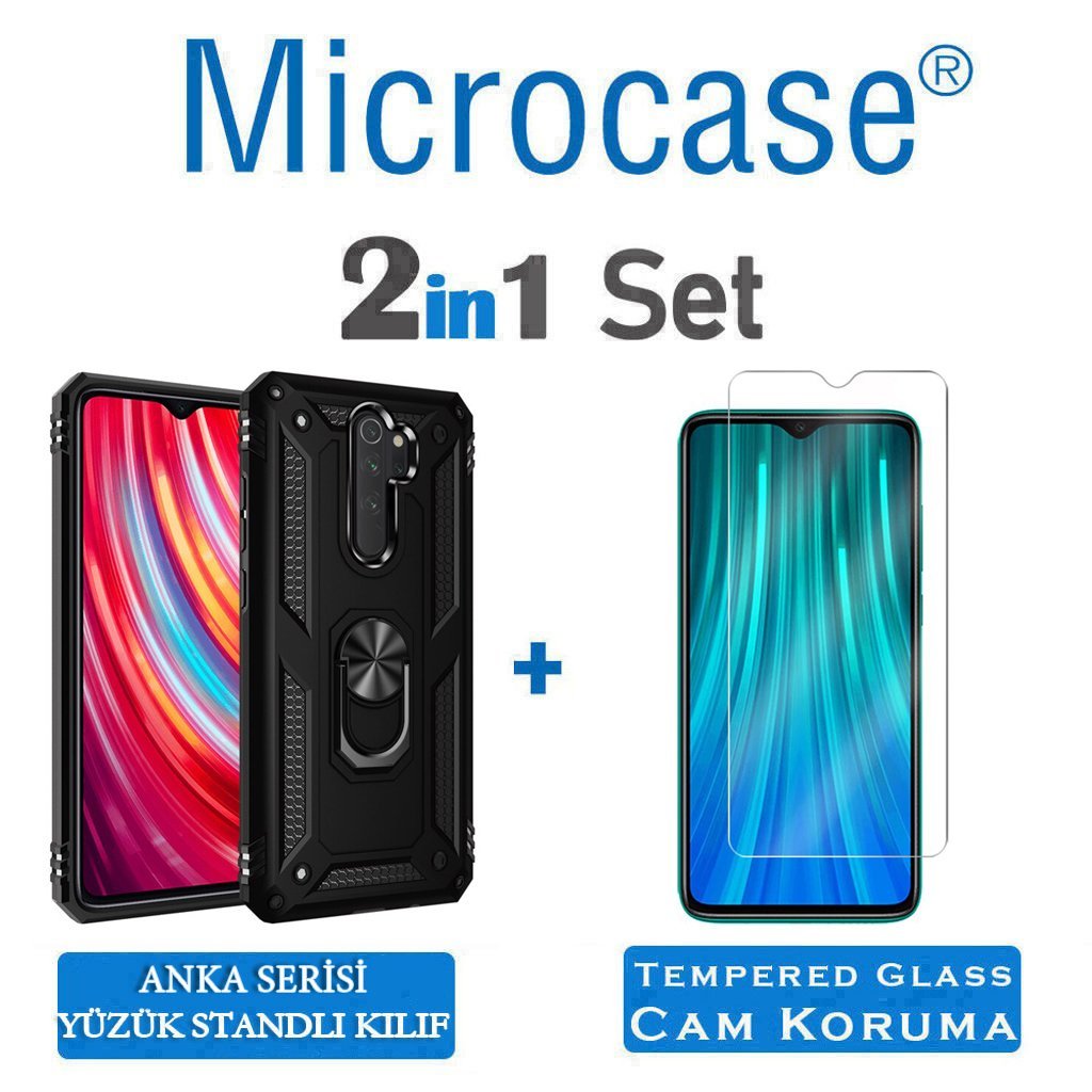 Microcase Xiaomi Redmi Note 8 Pro Anka Serisi Yüzük Standlı Armor Kılıf - Siyah + Tempered Glass Cam Koruma