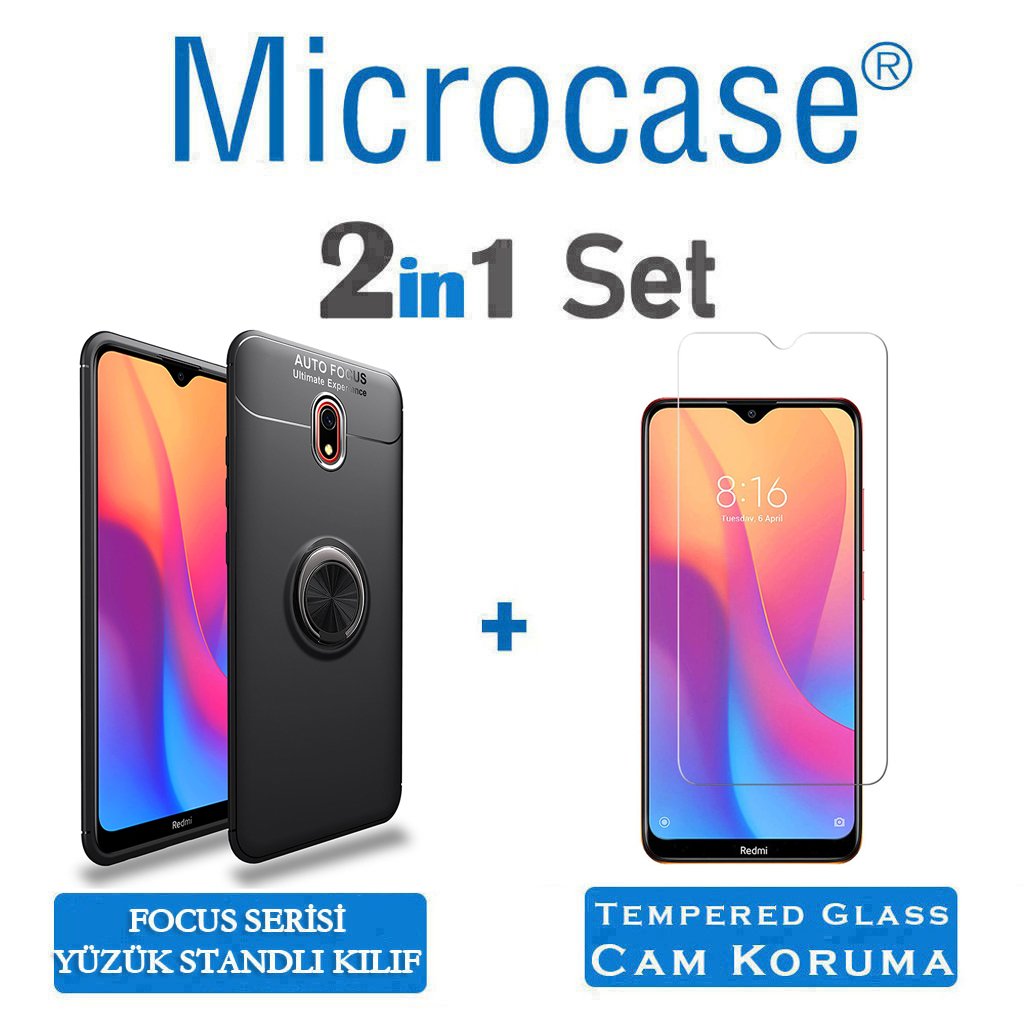 Microcase Xiaomi Redmi 8A Focus Serisi Yüzük Standlı Silikon Kılıf - Siyah + Tempered Glass Cam Koruma