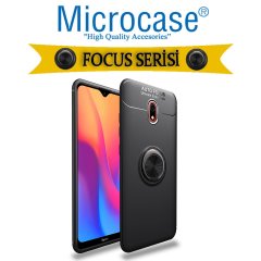 Microcase Xiaomi Redmi 8A Focus Serisi Yüzük Standlı Silikon Kılıf - Siyah + Tempered Glass Cam Koruma