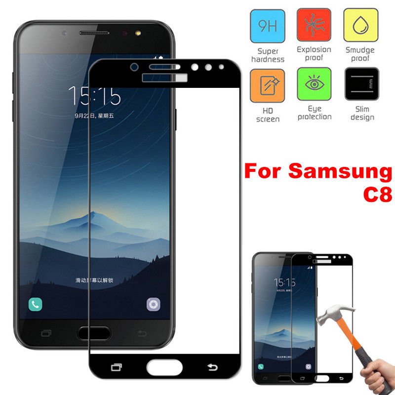 Samsung Galaxy C8 Tam Kaplayan Çerçeveli Tempered Cam Koruma