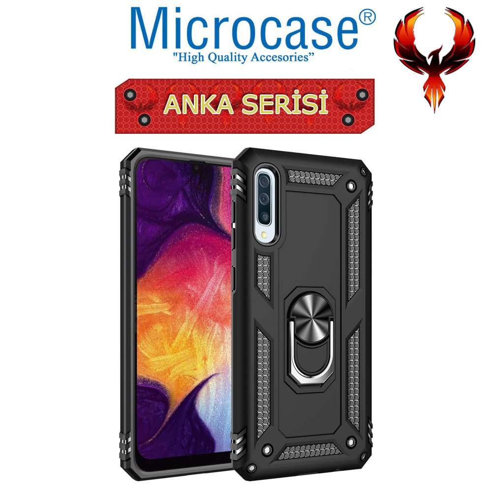 Microcase Samsung Galaxy A50 Anka Serisi Yüzük Standlı Armor Kılıf Siyah + Tempered Glass Cam Koruma (SEÇENEKLİ)