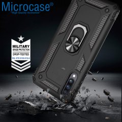 Microcase Samsung Galaxy A50 Anka Serisi Yüzük Standlı Armor Kılıf Siyah + Tempered Glass Cam Koruma (SEÇENEKLİ)