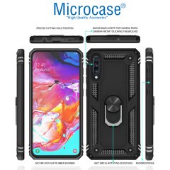 Microcase Samsung Galaxy A50 Anka Serisi Yüzük Standlı Armor Kılıf Siyah + Tempered Glass Cam Koruma (SEÇENEKLİ)