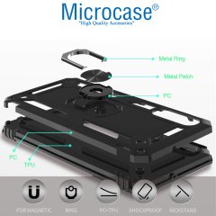 Microcase Samsung Galaxy A50 Anka Serisi Yüzük Standlı Armor Kılıf Siyah + Tempered Glass Cam Koruma (SEÇENEKLİ) Tempered Glass İstemiyorum