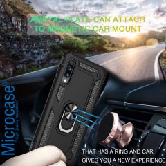 Microcase Samsung Galaxy A50 Anka Serisi Yüzük Standlı Armor Kılıf Siyah + Tempered Glass Cam Koruma (SEÇENEKLİ) Tempered Glass İstemiyorum