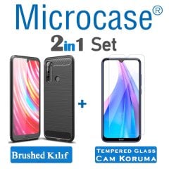 Microcase Xiaomi Redmi Note 8T Brushed Carbon Fiber Silikon Kılıf - Siyah + Tempered Glass Cam Koruma