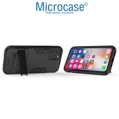 Microcase iPhone 11 Pro Max Alfa Serisi Armor Standlı Perfect Koruma Kılıf - Siyah + Tempered Glass Cam Koruma