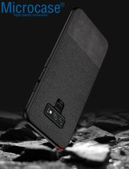 Microcase Samsung Galaxy S10 Plus Fabrik Serisi Kumaş ve Deri Desen Kılıf - Siyah