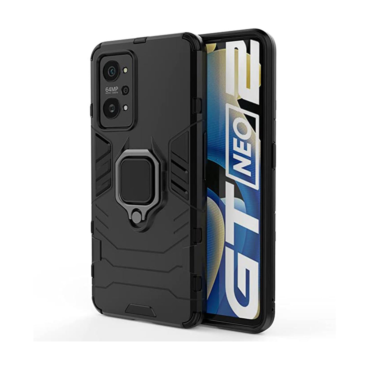 Microcase Realme GT Neo2 Batman Serisi Yüzük Standlı Armor Kılıf - Siyah