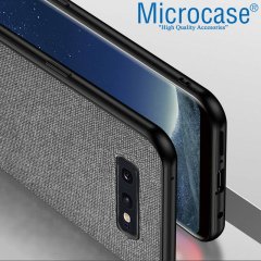 Microcase Samsung Galaxy S10e Fabrik Serisi Kumaş ve Deri Desen Kılıf - Gri