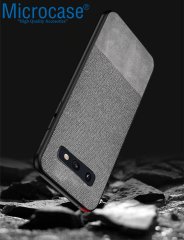Microcase Samsung Galaxy S10e Fabrik Serisi Kumaş ve Deri Desen Kılıf - Gri