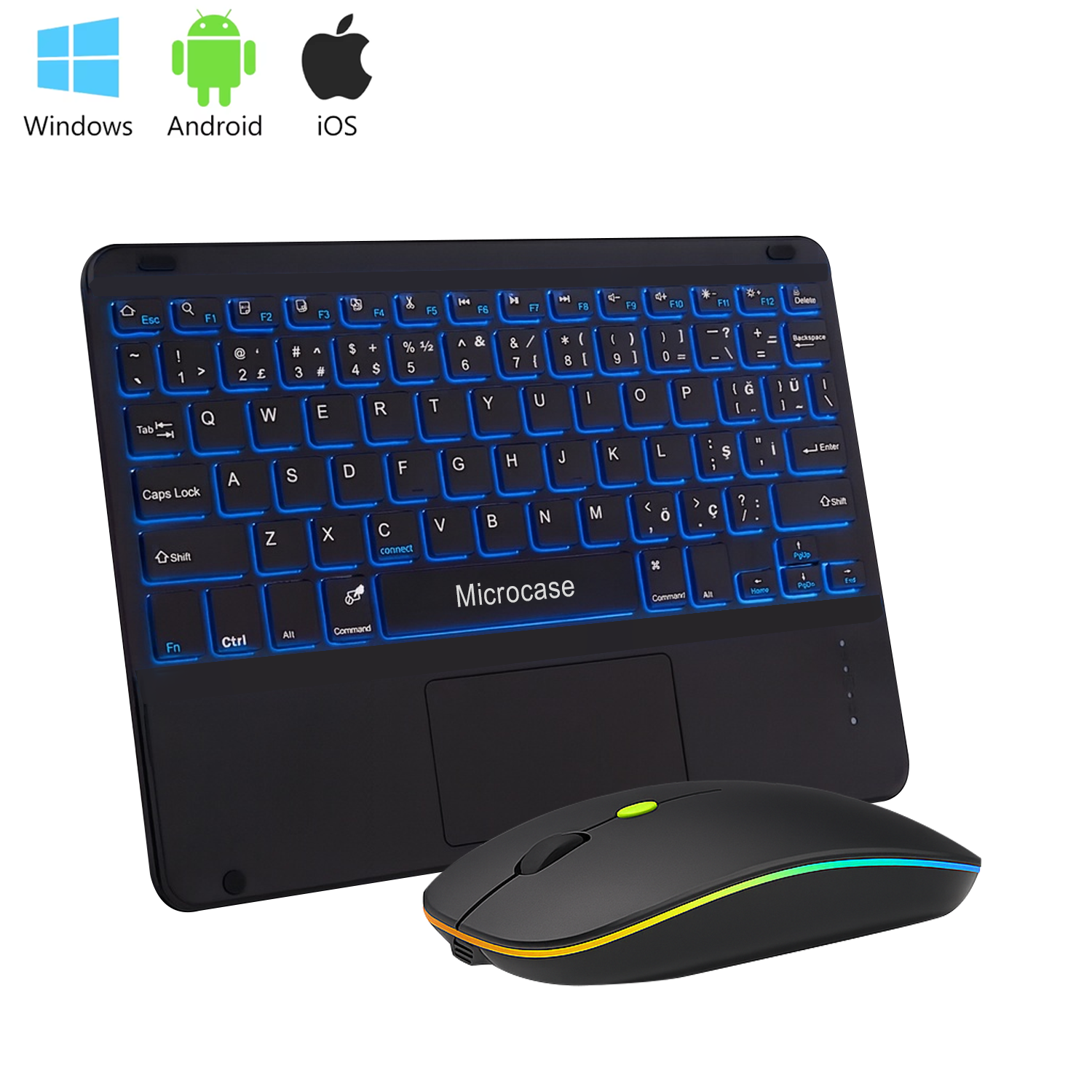 Microcase Tablet ve Telefonlar için RGB Işık Şarjlı Touchpadli Türkçe Bluetooth Klavye ve Mouse 24 cm Siyah- AL5399