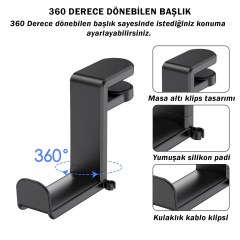 Microcase Masaya Monte Ayarlanabilir 360 Derece Döner Kablo tutuculu Oyuncu Kulaklık Eşya vb. Tutucu Stand - AL5425