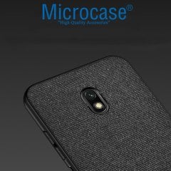 Microcase Xiaomi Redmi 8A Fabrik Serisi Kumaş ve Deri Desen Kılıf - Siyah + Tempered Glass Cam Koruma