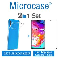 Samsung Galaxy A70 0.2 mm İnce Silikon Kılıf + Tam Kaplayan Cam
