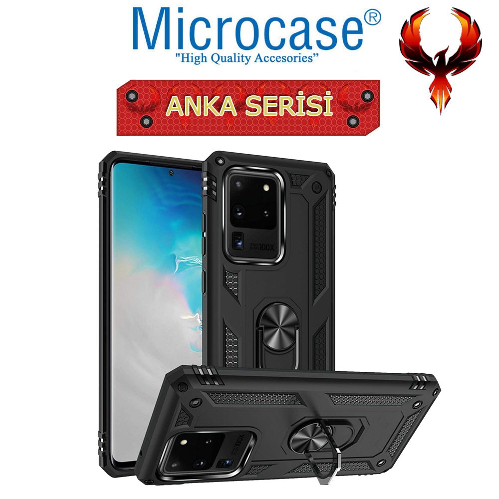 Microcase Samsung Galaxy S20 Ultra Anka Serisi Yüzük Standlı Armor Kılıf - Siyah
