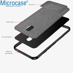 Microcase Xiaomi Redmi 8A Fabrik Serisi Kumaş ve Deri Desen Kılıf - Gri