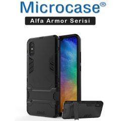 Microcase Xiaomi Redmi 9A Alfa Armor Standlı Perfect Koruma Kılıf Siyah + Tempered Glass Cam Koruma