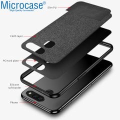 Microcase LG G8 ThinQ Fabrik Serisi Kumaş ve Deri Desen Kılıf - Siyah + Tempered Glass Cam Koruma
