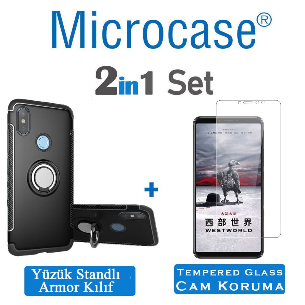 Microcase Xiaomi Mi Max 3 Yüzük Standlı Armor Silikon Kılıf + CAM
