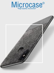 Microcase Xiaomi Mi A2 Lite - Redmi 6 Pro Fabrik Serisi Kumaş ve Deri Desen Kılıf - Gri + Tempered Glass Cam Koruma