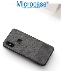 Microcase Xiaomi Mi A2 Lite - Redmi 6 Pro Fabrik Serisi Kumaş ve Deri Desen Kılıf - Gri + Tempered Glass Cam Koruma