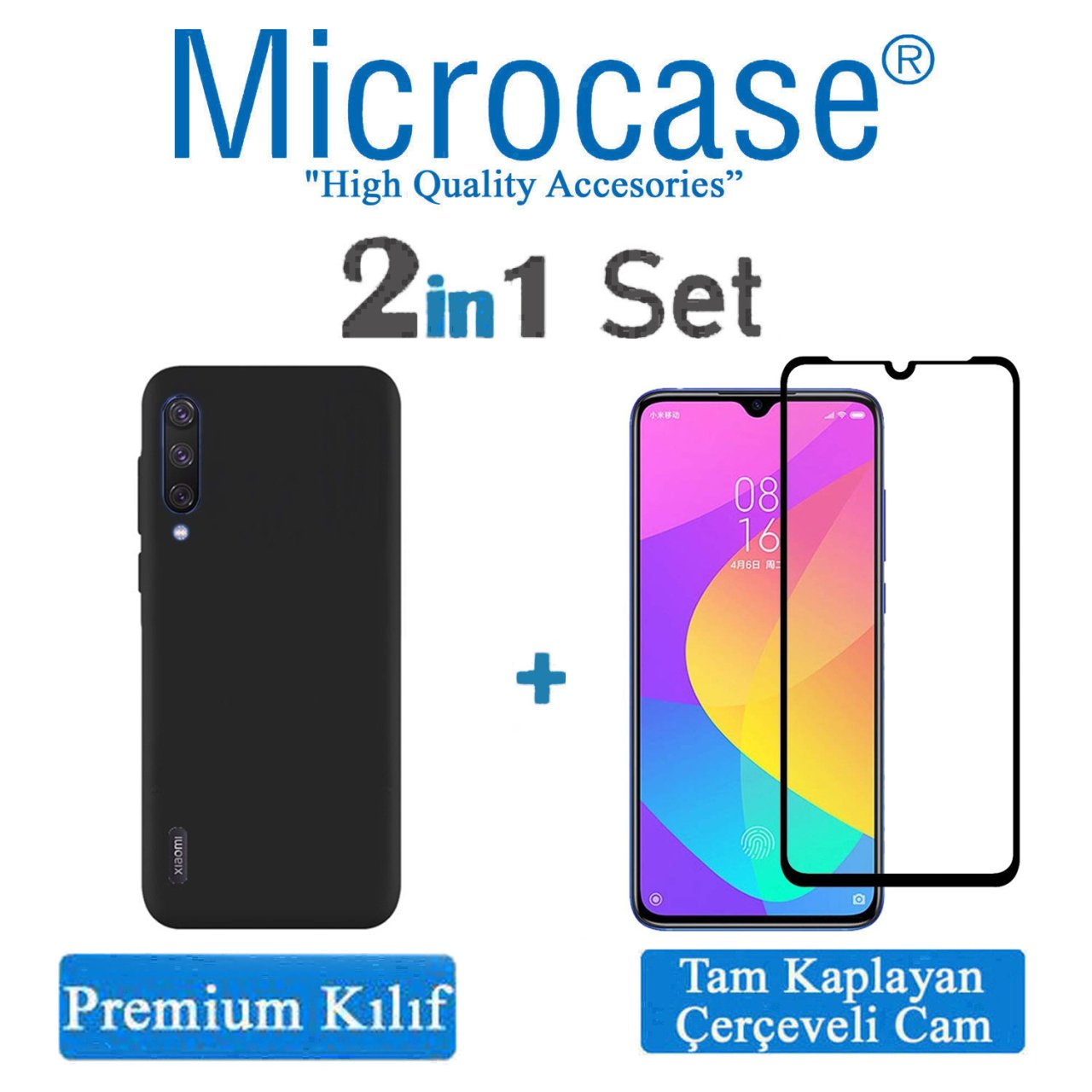 Microcase Xiaomi Mi 9 Lite Premium Matte Silikon Kılıf - Siyah + Tam Kaplayan Çerçeveli Cam
