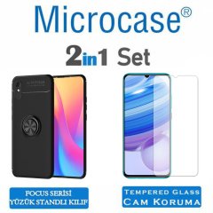 Microcase Xiaomi Redmi 9A Focus Serisi Yüzük Standlı Silikon Kılıf - Siyah + Tempered Glass Koruma