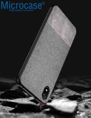 Microcase Xiaomi Redmi 7A Fabrik Serisi Kumaş ve Deri Desen Kılıf - Gri + Tempered Glass Cam Koruma