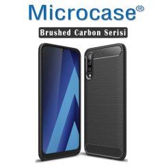 Microcase Samsung Galaxy A30s Brushed Carbon Fiber Silikon Kılıf Siyah + Tam Kaplayan Çerçeveli Cam