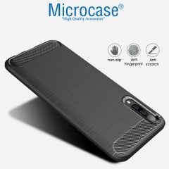 Microcase Samsung Galaxy A30s Brushed Carbon Fiber Silikon Kılıf Siyah + Tam Kaplayan Çerçeveli Cam