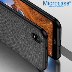 Microcase Xiaomi Redmi 7A Fabrik Serisi Kumaş ve Deri Desen Kılıf - Siyah