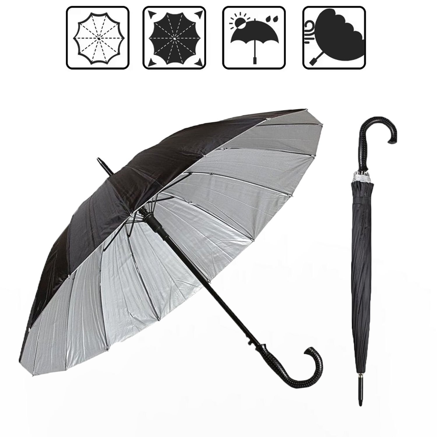 Microcase Unisex Otomatik 16 Telli Rüzgara Dayanıklı Su Geçirmez  Baston Şemsiye AL4664