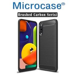 Microcase Samsung Galaxy A50s Brushed Carbon Fiber Silikon Kılıf Siyah + Tam Kaplayan Çerçeveli Cam