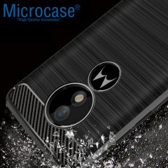 Motorola Moto E5 Brushed Carbon Fiber Silikon TPU Kılıf +Tempered