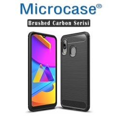 Microcase Samsung Galaxy M10s Brushed Carbon Fiber Silikon Kılıf Siyah + Tam Kaplayan Çerçeveli Cam