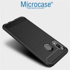 Microcase Samsung Galaxy M10s Brushed Carbon Fiber Silikon Kılıf Siyah + Tam Kaplayan Çerçeveli Cam