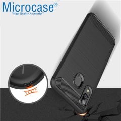 Microcase Samsung Galaxy M10s Brushed Carbon Fiber Silikon Kılıf Siyah + Tam Kaplayan Çerçeveli Cam