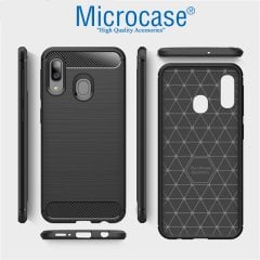 Microcase Samsung Galaxy M10s Brushed Carbon Fiber Silikon Kılıf Siyah + Tam Kaplayan Çerçeveli Cam