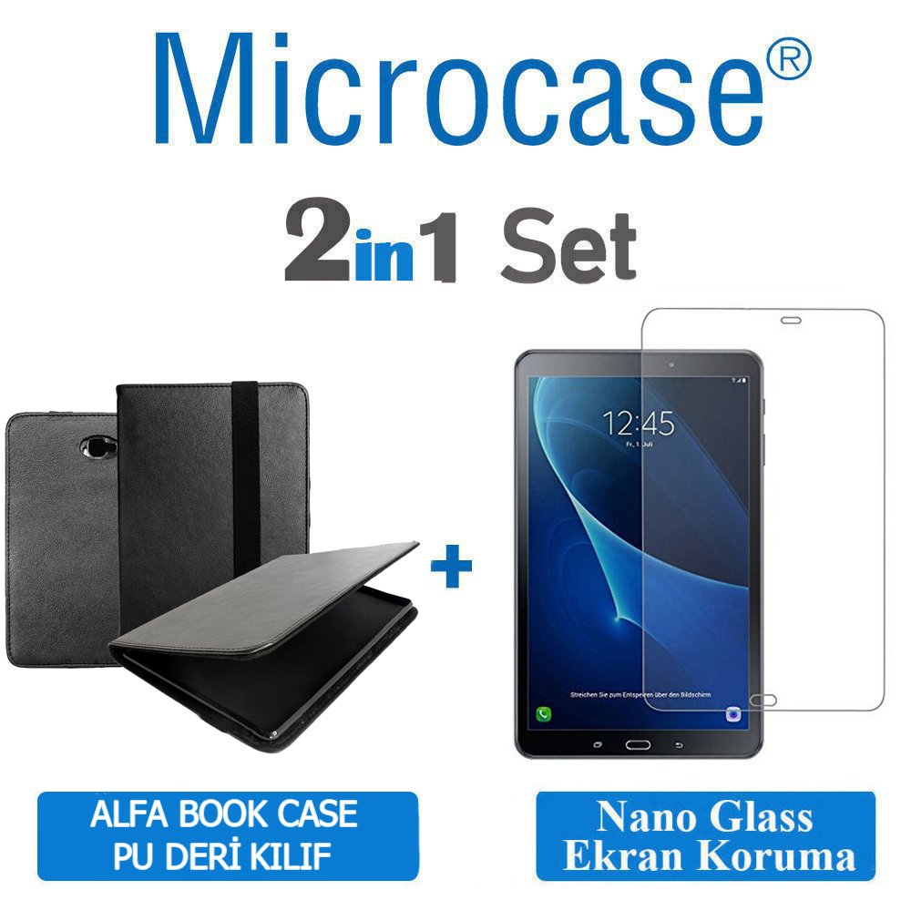 Microcase Samsung Galaxy Tab A6 10.1 SM-T580 T580 T585 T587 Alfa Book Case PU Deri Kılıf - Siyah + Nano Esnek Ekran Koruma Filmi