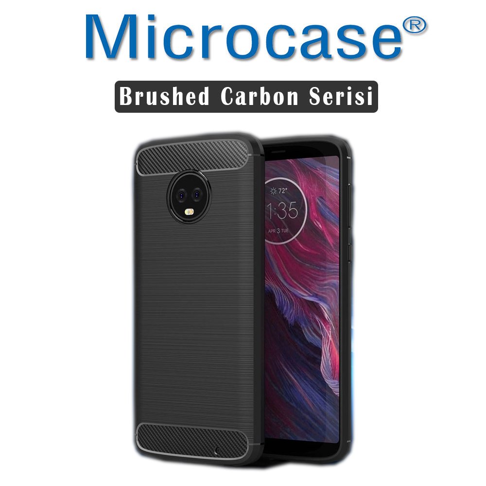 Motorola Moto G6 Plus Brushed Carbon Fiber Silikon TPU Kılıf +Cam
