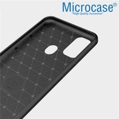 Microcase Samsung Galaxy M30s Brushed Carbon Fiber Silikon Kılıf Siyah + Tam Kaplayan Çerçeveli Cam