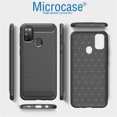Microcase Samsung Galaxy M30s Brushed Carbon Fiber Silikon Kılıf Siyah + Tam Kaplayan Çerçeveli Cam