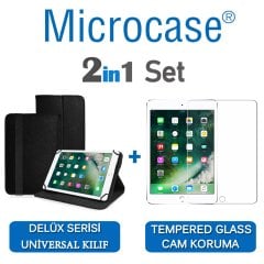 Microcase iPad 9.7 2017 Delüx Serisi Universal Standlı Deri Kılıf - Siyah + Tempered Glass Cam Koruma