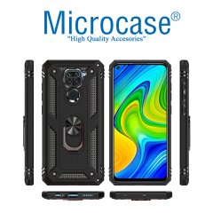 Microcase Xiaomi Redmi Note 9 Anka Serisi Yüzük Standlı Armor Kılıf- Siyah
