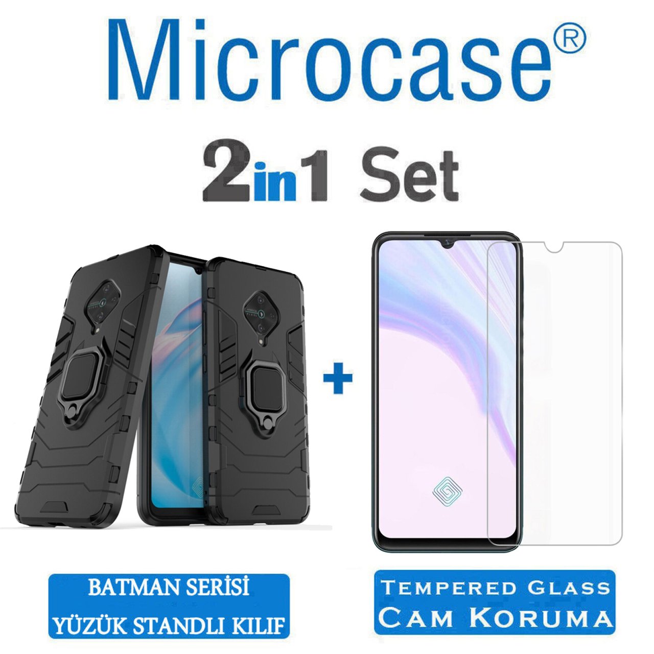 Microcase Vivo X50 Lite Batman Serisi Yüzük Standlı Armor Kılıf Siyah + Tempered Glass Koruma
