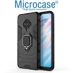 Microcase Vivo X50 Lite Batman Serisi Yüzük Standlı Armor Kılıf Siyah + Tempered Glass Koruma