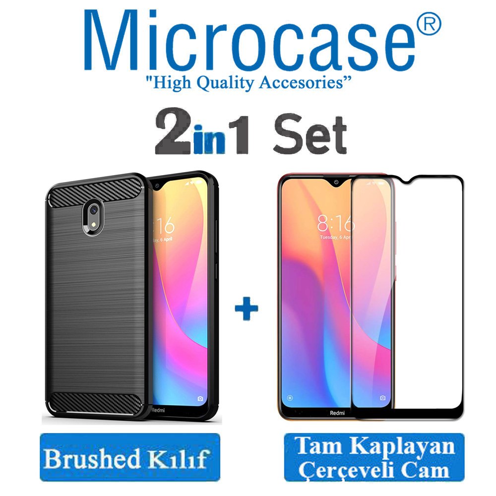 Microcase Xiaomi Redmi 8A Brushed Carbon Fiber Silikon Kılıf - Siyah + Tam Kaplayan Çerçeveli Cam